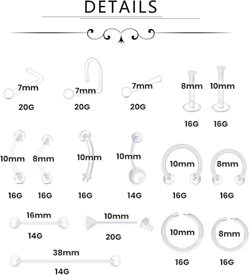 FECTAS 20-38PCS Clear Piercing Jewelry Bioflex Plastic Earrings Nose Rings Studs Septum Belly Cartilage Helix Industrial Nipple Tongue Lip Labret Eyebrow Piercing Retainers for Surgery Work Sports - Image 2